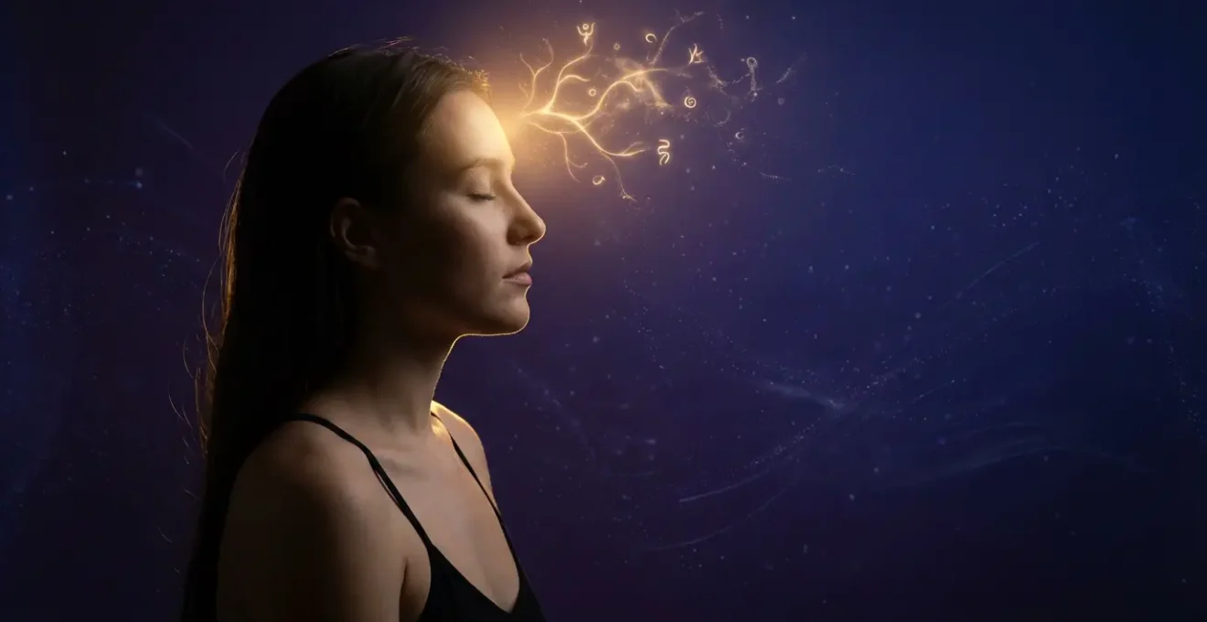 Persona meditando con luz intuitiva emanando del tercer ojo en ambiente místico