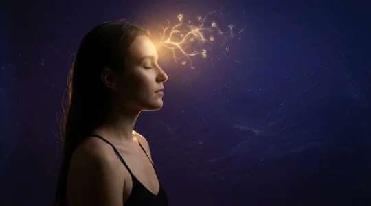 Persona meditando con luz intuitiva emanando del tercer ojo en ambiente místico