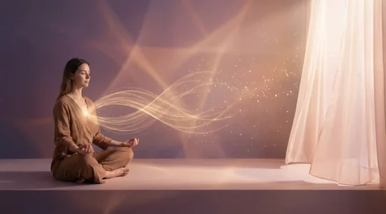 Mujer meditando rodeada de hilos energéticos dorados que se disuelven gradualmente en luz