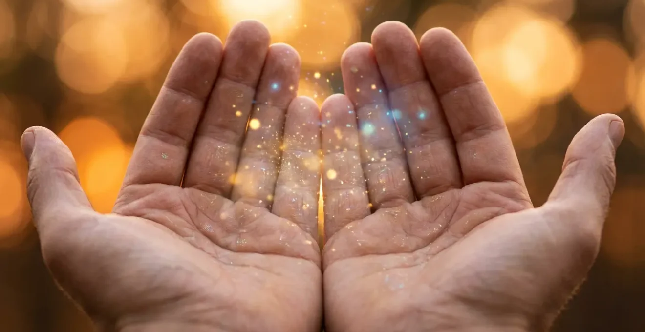 Manos abiertas con luz emanando desde las palmas en ambiente sereno