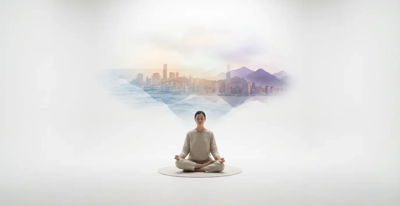 Persona con ojos cerrados en meditación profunda con representación etérea de lugares distantes