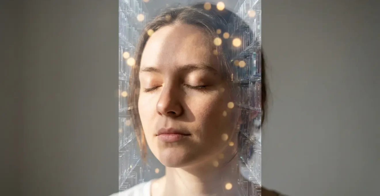 Espacio interior sagrado visualizado como biblioteca etérea con presencias luminosas